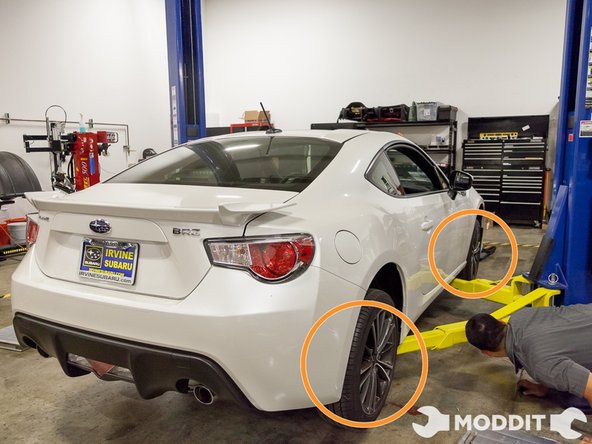 After all this prep we were now ready to begin the install (finally haha). We got the vehicle up in the air with our car lift, then loosened the lug nuts on our BRZ. We mainly used an impact gun for most of the loosening of bolts/nuts, however you can use ratchets and/or wrenches if you don’t have an impact gun.