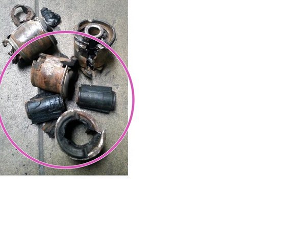 Once rubber on all subframe bushings are cut, use the bushing press kit to push each bushing out. The Removed bushings should look like something in the picture to the left.