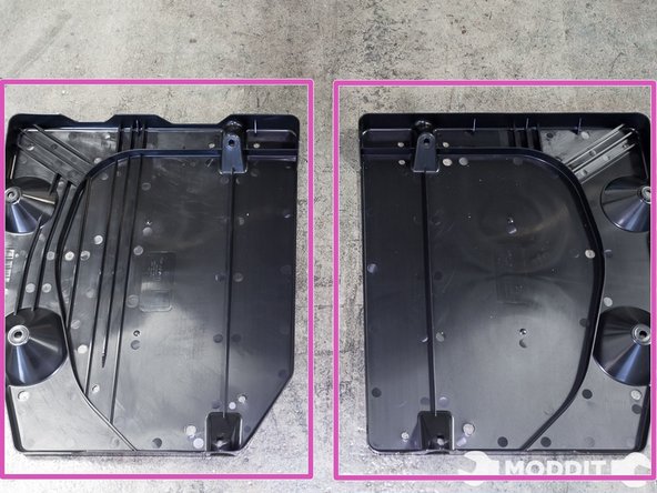 Once the two central under trays are installed move to install the two Rear/Fuel Tank under trays. Here you can see them side by side.