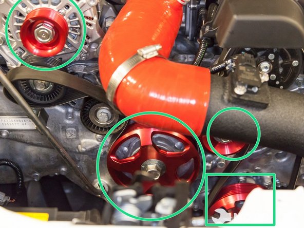 Install the belts in the order your removed them, making sure to leave the alternator belt last to slip over.