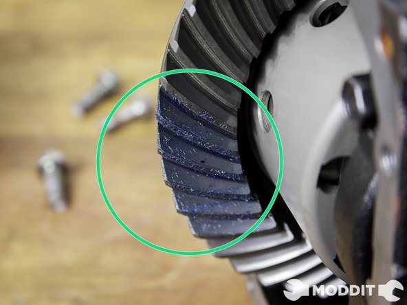 Here we painted on some Blue Loctite Marking fluid in order to inspect the engagement of the diff ring with the pinion gear.