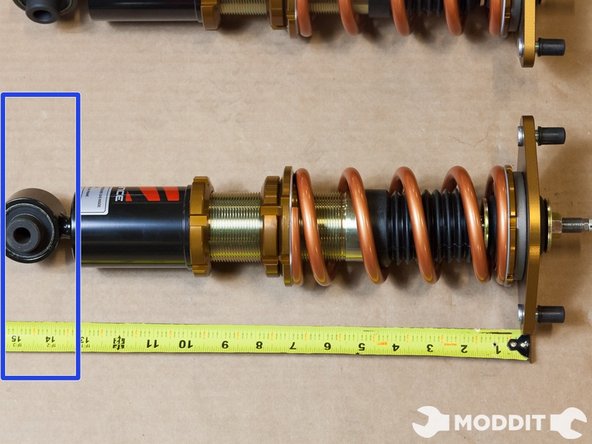 For initial ride height, we used whatever came from Stance. Our front coilovers were set at 16.25″ to 16.5″, measured from the top of the top plate (ignoring the studs) to the center of the bottom strut mounting bolt. The rear coilovers are set between 14.75″ to 15″, measured from the top of the top plate to the middle of the bottom eyelet.