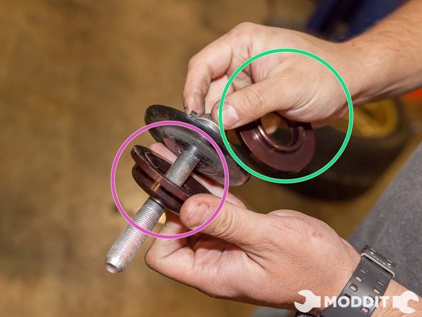 Once the larger bolt is out of the way (you can remove it completely as the sub-frame wont' come falling down) you can begin wedging the Stance Sub-frame collars into the correct spots.