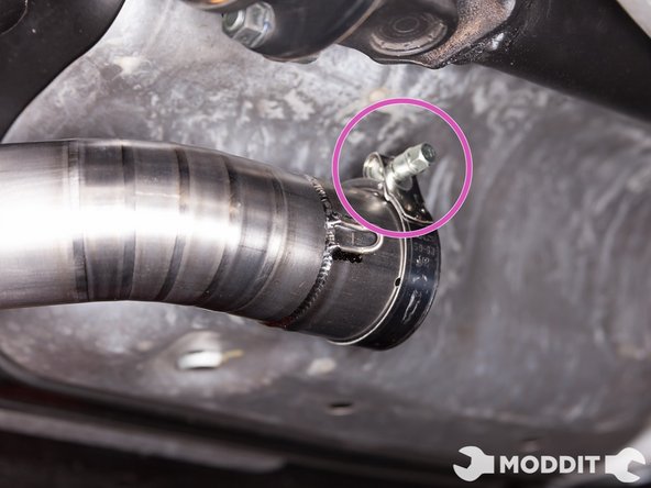 Once the middle pipe is installed, its time to Install the 2nd T-Clamp again on the exhaust.  Make sure the nut is facing the  passenger side.