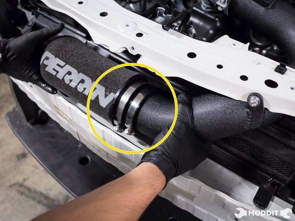 Install and secure the Perrin intake filter to the Perrin intake pipe.