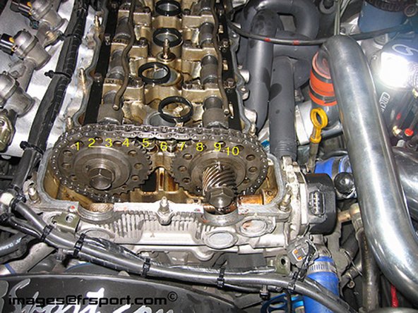 Figure 1- 10 chain links from intake dot to exhaust dot- Valvetrain after everything's re-installed. Notice the number of chain links from the intake sprocket punch mark to the exhaust mark.