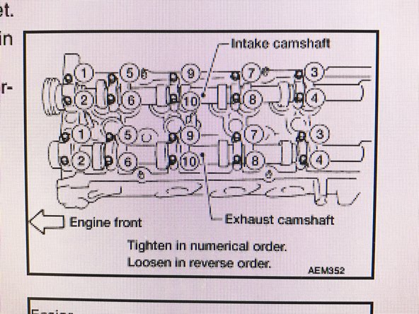 Evenly tighten 1/2 turn at a time on each bolt until all of the caps are snug. First at 1.4 ft-lb and then again to 4.3 ft-lb. Then finally torque the bolts from the outside inward as shown in the diagram to 6.7 to 8.7 ft-lb.