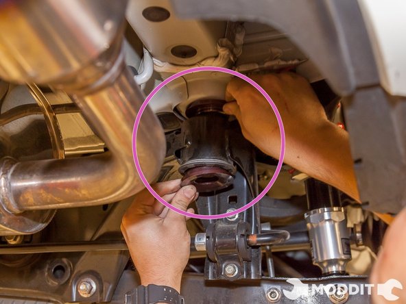 The install of the rear sub-frame collar install is a lot more straight forward. Unlike the front portion where you had to loosen a panel to loosen the sub-frame area, here you just un-bolt and re-tighten; read on to see how.