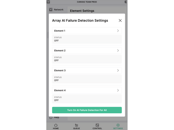 On Array's front screen, navigate to Settings > Element > AI Failure Detection