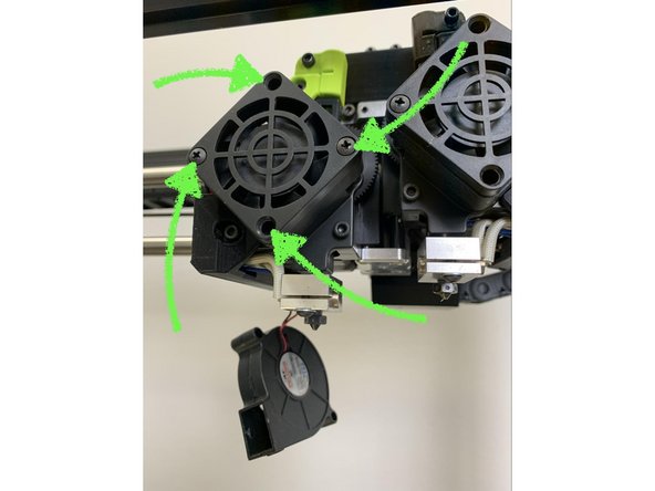 Remove 4 screws from the square fan. Place the 4 screws in a safe spot as they will be needed for reinstallation shortly.