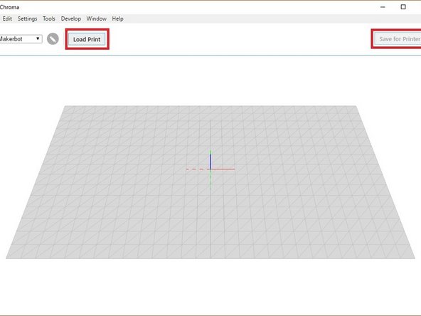 Once your slicer is set, slice your model and save the GCode file. Import this GCode into Chroma by clicking &quot;Load Print&quot; on the main window. This will create a preview of your model within Chroma. From here, click the &quot;Save for Printer&quot; button, and Chroma will then create two files.