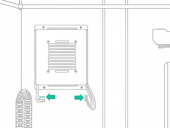 There is a cable on the left for the heater (6-pin connector) and one on the right for the fan (2-pin connector). Plug in each cable to their respective connector
