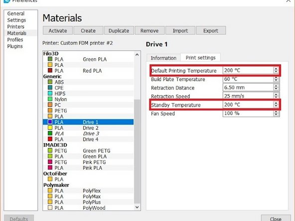 Under the Print Settings tab, set the Standby Temperature to be the same as the Default Printing Temperature. Repeat this steps for 4 different profiles (one for each extruder). Once updated, click Close to return to the home screen.