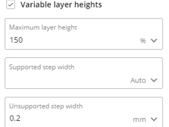 Variable layer heights allows the slicer to automatically and smoothly change between a minimum and maximum layer height.