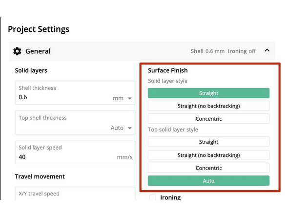 To create smooth top and bottom layers with a specific pattern, use the Surface Finishes option. Click Settings &gt; General to access these settings.