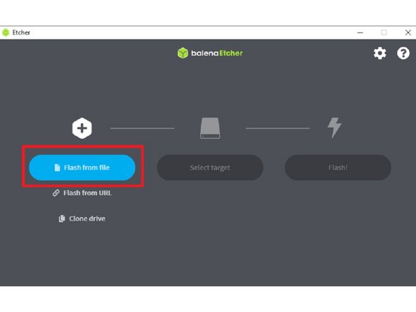 Open balenaEtcher, and click 'Flash from file'. Load the image zip file.