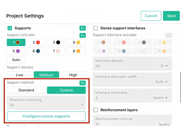 Areas where supports are required can be painted directly onto the model. Custom supports can also be auto-generated throughout the model or from the build plate only.