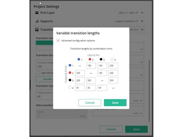 Variable transition lengths allows for purge lengths to be specified between drives and colors used, assisting with reducing color bleed during printing.