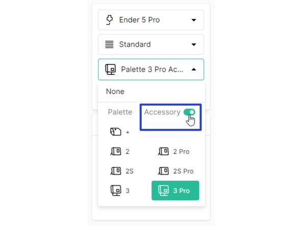 Select the printer profile and Palette model to be used for this project. By selecting a Palette model here, it will be set to connected mode by default.