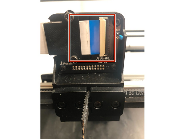 Inspect the back of the fixed end mount. Is the FFC (flexible flat cable) inserted into the connector straight, and is the latch pushed down flat?