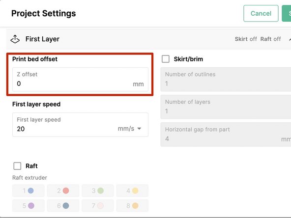 Print Bed Offset: If the z-offset calibration has been done for this printer, that z-height can be entered here (Note: please check the printer profile's start sequence to see if this is already included there). A z-offset that is too close to the bed will result in a print with low pings, which can affect the color calibration at print start.
