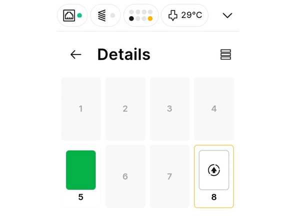 After the main firmware update has been completed, more Material Pods can be installed and updated individually, under the Materials &gt; Details menu. Here, an update is available for the Material Pod in slot 8.