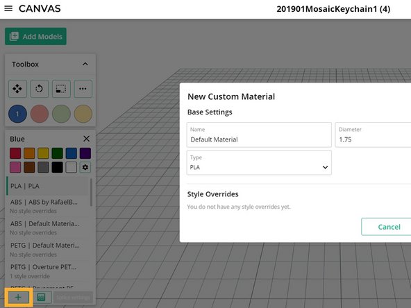 If you already have a material profile created, proceed to the next step. If you would like to create a new material profile, click the Add New Material button on the bottom left of the colors and materials toolbox. You may edit the name of the material and the material type.