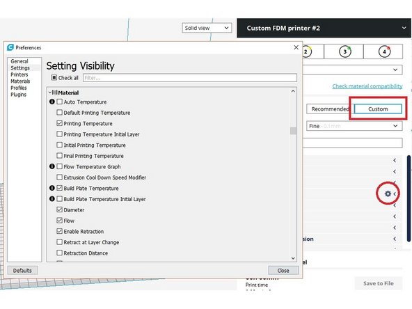 This is found on the right side of the home screen under Printer Setup, select Custom, which will expand a menu allowing you to change the profile settings. Hover over the Material tab on the home screen and you'll see a gear symbol appear. Clicking this will further expand the menu of customizable settings.