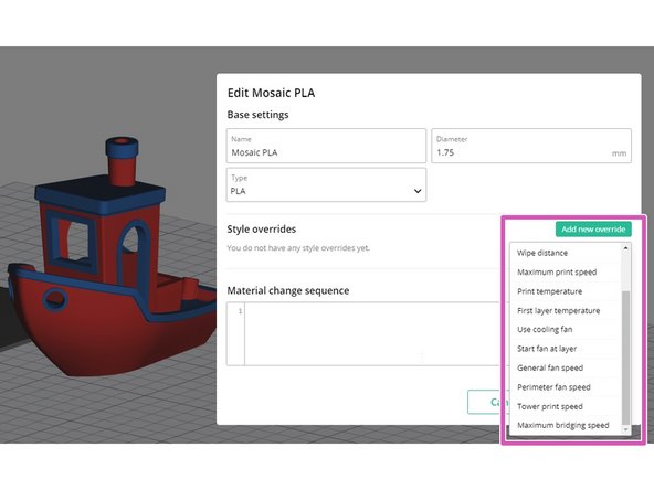 Create custom material profiles that can be selected for each input drive on Palette.