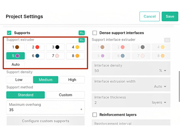In the Supports tab of your Project Settings, under Support extruder, select the input drive for the soluble filament. This will use soluble filament for the entirety of the support structure