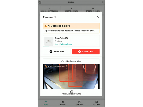 When a print failure is detected, open the Element modal on screen to see the affected areas of the print. You can choose to cancel the print from this screen
