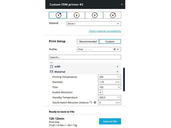Back under the Material category, set the Printing Temperature and the Standby Temperature to be equal and set the Nozzle Switch Retraction Distance to 0. Repeat this for all 4 material profiles.