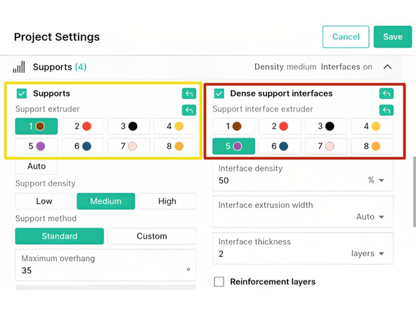 These support structures are composed of non-soluble filament with a layer of soluble material to help separate support from model. This helps reduce waste of soluble filament.