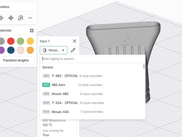 Next, select the material profile for that color swatch (e.g. PLA).