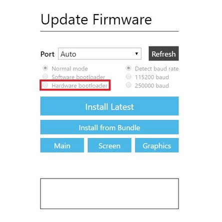 The jumper should remain on the screen board for this step. Return to the Advanced Options page and ensure that the port is selected properly (not Auto) and that 'Hardware bootloader&quot; is selected. Click Screen and upload the file 'P2EE02.bin' from the zip file (Firmware version 9.2.9)