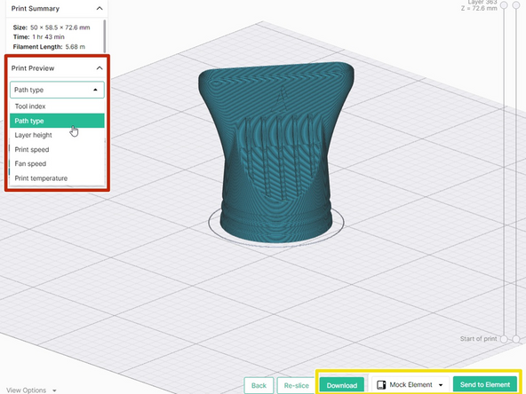 One slicing is complete, a preview of the part will be ready.