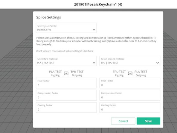 If the First and Second Material are different materials (ex. PLA - TPU), the Heat, Compression, and Cooling factors would differ depending on which material is the “pushed” (ingoing) filament versus the “standstill” (outgoing) filament. Because of this difference, the user will need to set values for both situations individually.