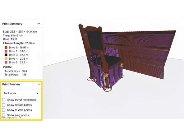 Click the &quot;Slice&quot; button to preview the different tool indexes. Here you can see the different input drives used, where PLA will be loaded into Drives 1-4 and soluble material (PVA in this case) will be loaded into Drive 5