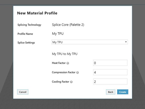On this screen, you’ll be able to select the combination of materials that you have tuned for. The default combination will be your new material spliced with itself, so only one set of Heat, Compression, and Cooling values is needed.