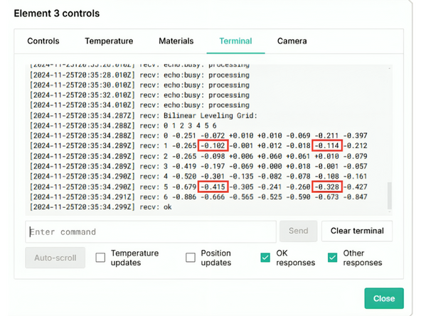 In the Terminal, input G28 and press send, followed by G29 V4. This will generate a 49 point levelling grid, representing the measured height of the bed at each point. The first row 0 represents the front of the bed.