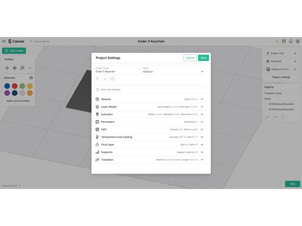 Based on the style profile selected from the projects screen, expanded slicer settings are available.