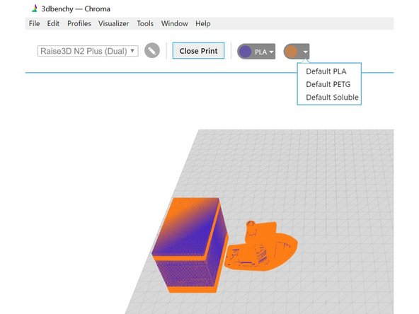 Load STL files into slicer. Assign toolheads/extruders to each STL to indicate it will be printed as a different color. Position and arrange STLs and modify print settings. In this example using Simplify3D, since we are only printing with two colors, we have two distinct toolheads.