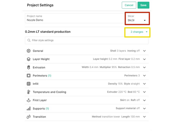 Open the Project Settings to adjust slicer settings.