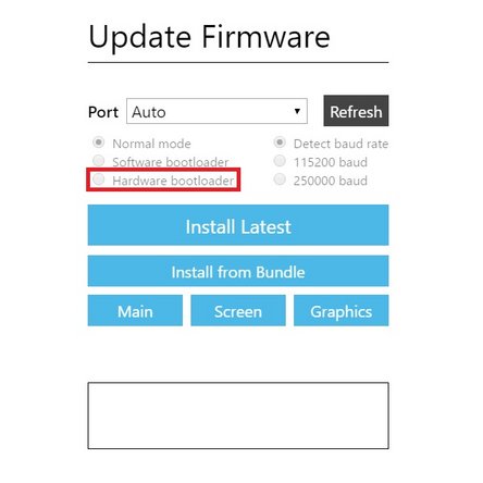 Launch the Firmware Updater program. Click Advanced Options and the refresh button. Click the ports list to see if you have a manual port available, if so select the port (not Auto) and that 'Hardware Bootloader' is selected. Click Screen and upload the file 'P2EE02.bin' from the zip file (Firmware version 9.2.9)