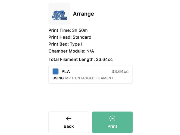 The Material Pod used for this project is now displayed on the print file screen. You can press Print to start your tagless print.
