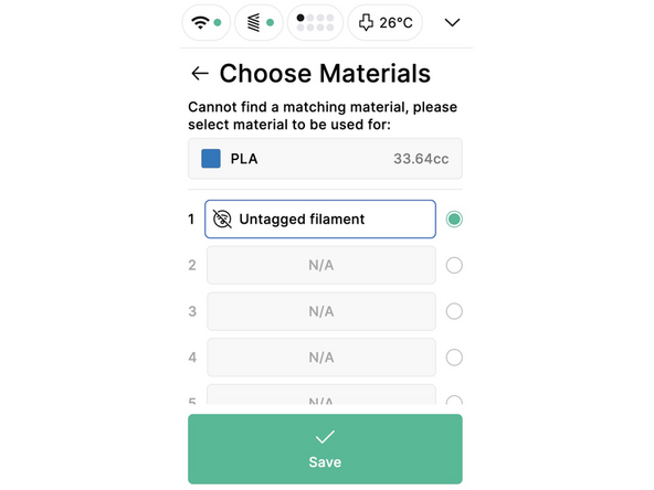 Select the correct untagged filament and press 'Save'
