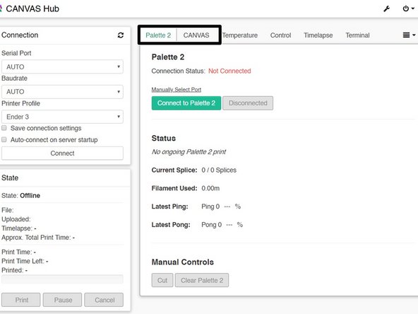 Once the server has been restarted, the interface will now be updated to the Canvas Hub interface. You should see two additional tabs: Canvas and Palette 2.