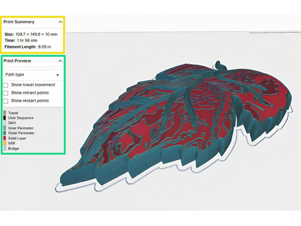 Check the print size, time and filament length in Print Summary box