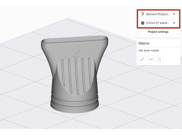 From the top-right menu, select the Element Printer profile and Style profile.