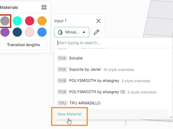 Start by selecting the color swatch under Materials, that will be used to color and visualize the part. Drag and drop this circular color swatch from the Materials panel over the STL or the file name in the Objects panel.